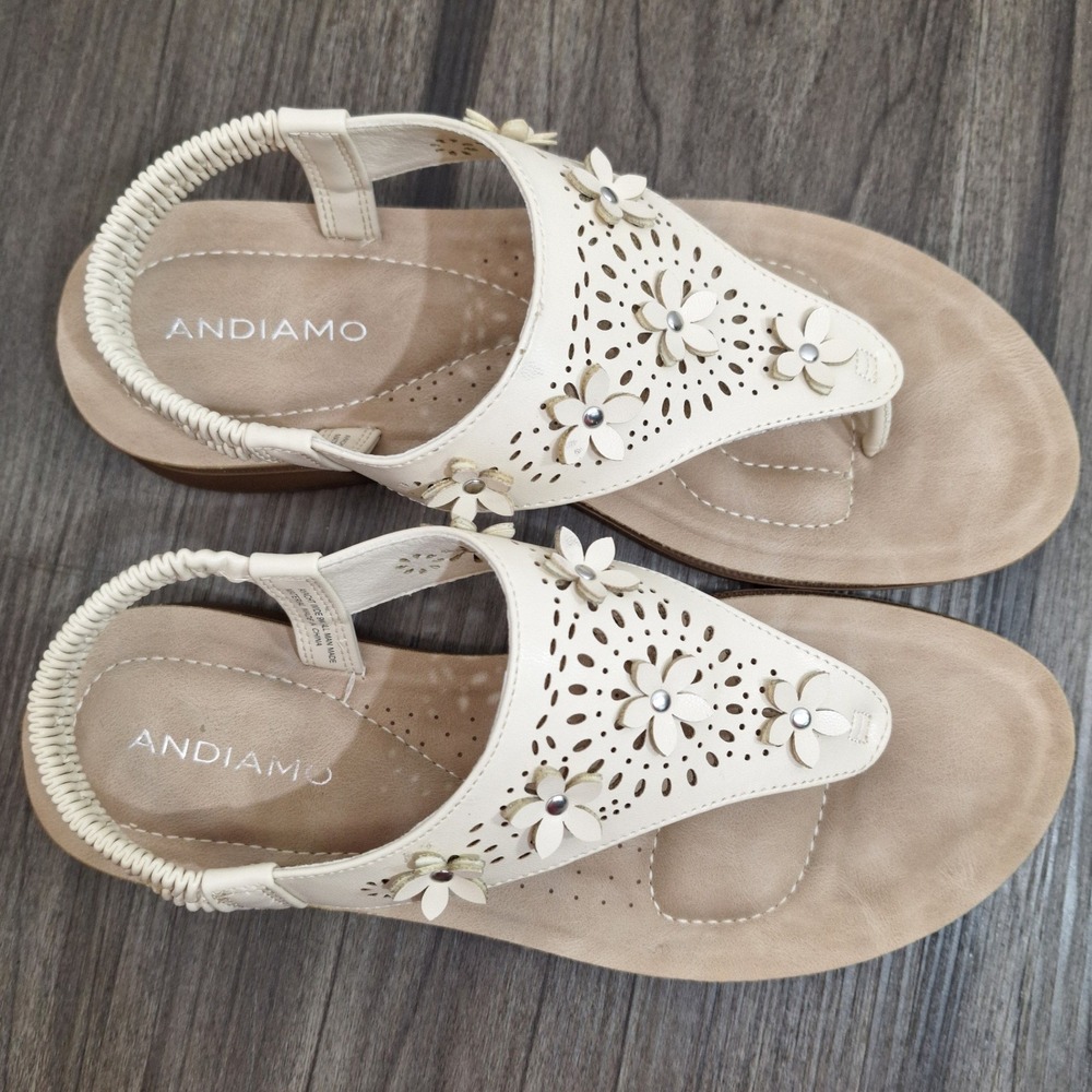 Andiamo Ayacht Women Cream Floral Laser Cut Slingback Thong Sandals Wide 9 Wide - Picture 5 of 7